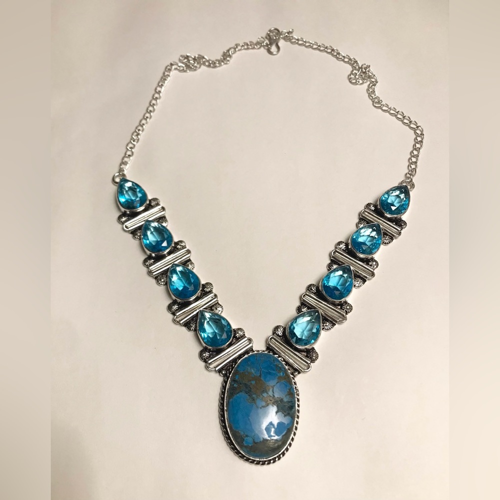 Turquoise Blue Topaz Stamped 925 Sterling Silver Neckace